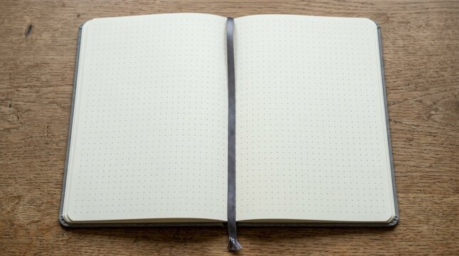 Blank Dot Grid Notebook Open on Wooden Table, Ready for Ideas