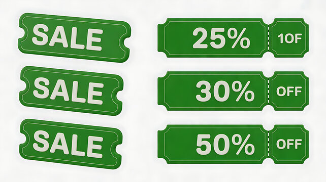 3D Green Sale Label and Discount Ticket Set, Plastic Coupon Ribbons with 15%, 25%, 30%, 40%, 50% Off Isolated on Transparent Background