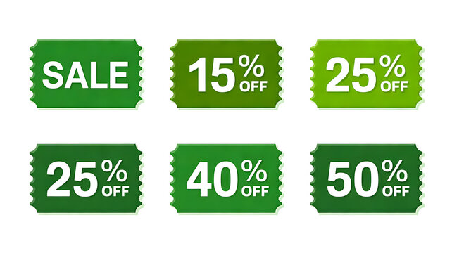 3D Green Sale Label and Discount Ticket Set, Plastic Coupon Ribbons with 15%, 25%, 30%, 40%, 50% Off Isolated on Transparent Background
