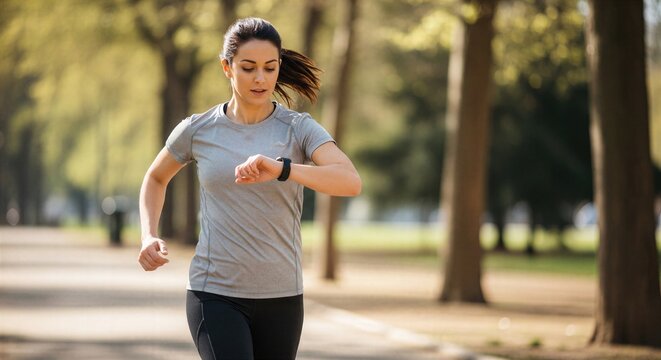 Woman jogging checks fitness watch while running, dynamic outdoor scene with clear motion, modern training routine, health tracking, performance focus, and active urban exercise.