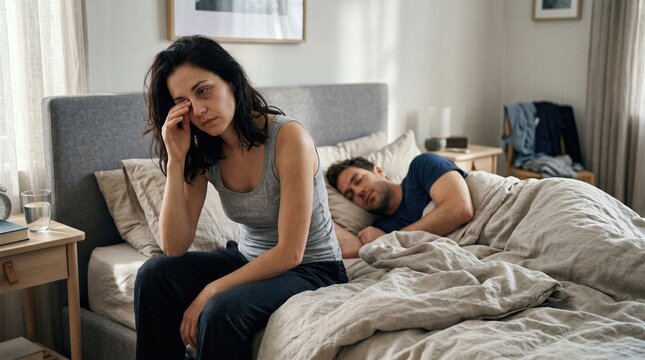Exhausted partner sitting in bed early morning after sleepless night while other partner rests, realistic bedroom scene showing insomnia effects and fatigue