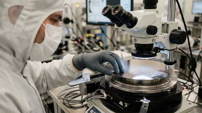 Wafer edge and bevel inspection on rotating stage shows semiconductor defect detection, precision optical review and specialized quality control in chip manufacturing.