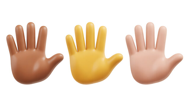 3D Waving Hand Emoji Set with Diverse Skin Tones, Glossy Plastic Hand Gestures Saying Hello or Goodbye Isolated on Transparent Background 