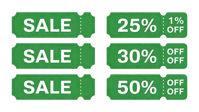 3D Green Sale Label and Discount Ticket Set, Plastic Coupon Ribbons with 15%, 25%, 30%, 40%, 50% Off Isolated on Transparent Background