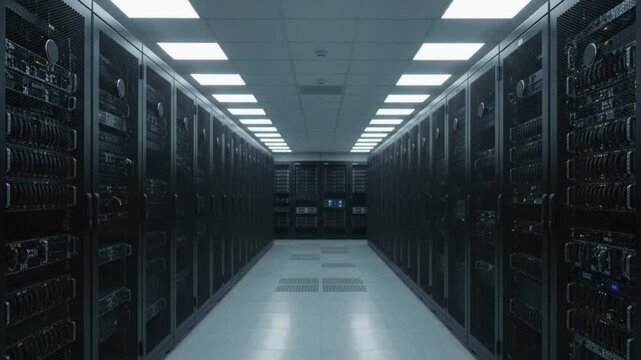 Camera gliding slowly through empty dark server room with blue neon lights showing rows of data storage racks.