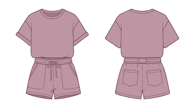 Women's Dusty Rose Two Piece Lounge Set T-shirt and Shorts Fashion Technical Flat Sketch Front and Back Views