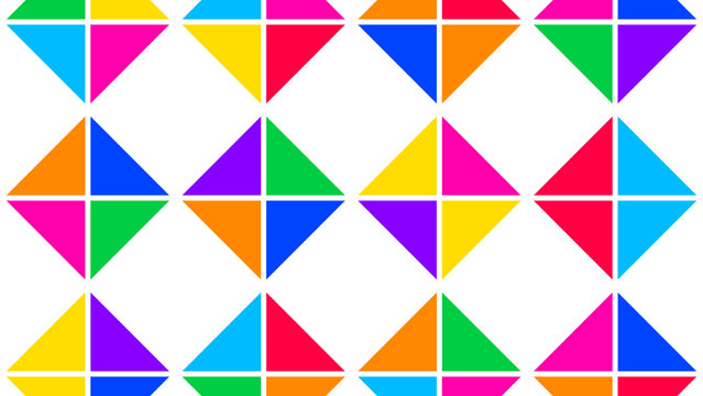 Vibrant geometric diamond pattern featuring multi-colored triangles in a grid on white background for abstract design and creative artistic projects