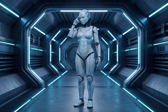 Female Humanoid Robot Thinking in Futuristic Sci Fi Corridor