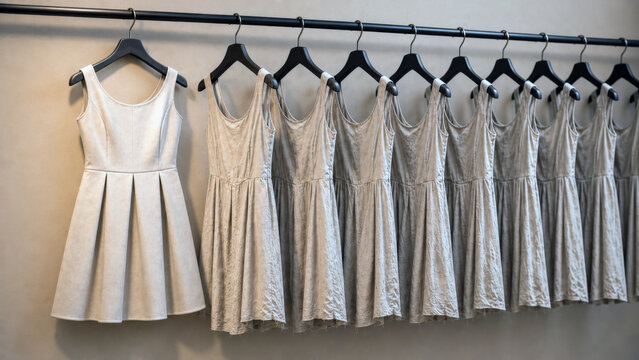 Row of neutral sleeveless dresses hanging on a clothing rack with one structured dress standing apart