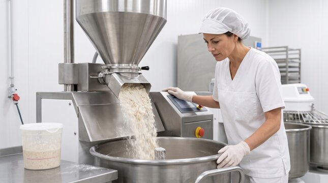 Measured flour enters stainless mixer under operator supervision, highlighting precise ingredient dosing, hygiene and consistency in commercial bread production.