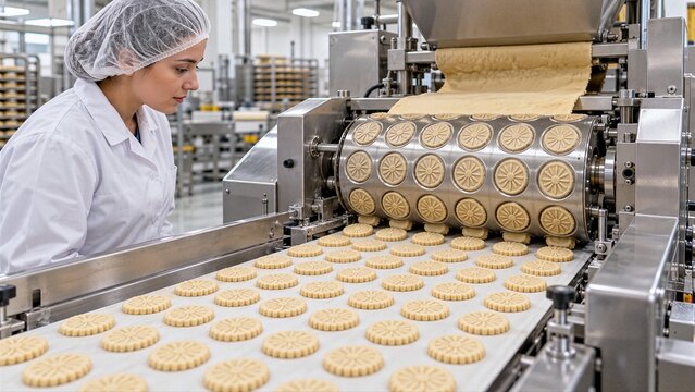 Raw biscuits release from patterned forming drum onto conveyor while worker monitors shape quality and precision in industrial bakery production.