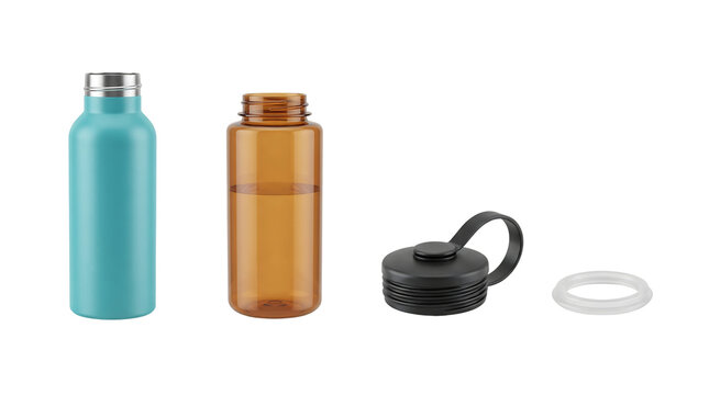 Reusable water bottles and drink container accessories isolated on white background with water bottle, drinking container white background
