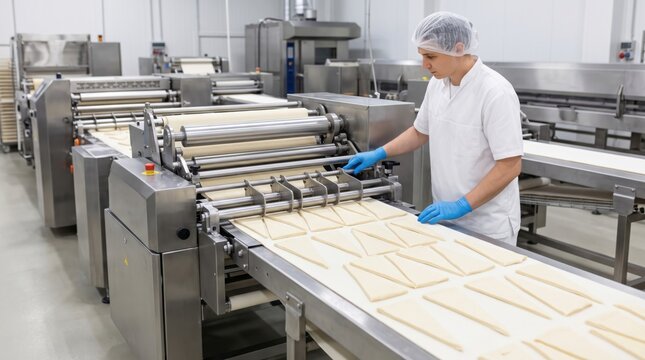 Automated cutter forms uniform croissant pieces while worker supervises output, creating clear bakery manufacturing image focused on precision and workflow.