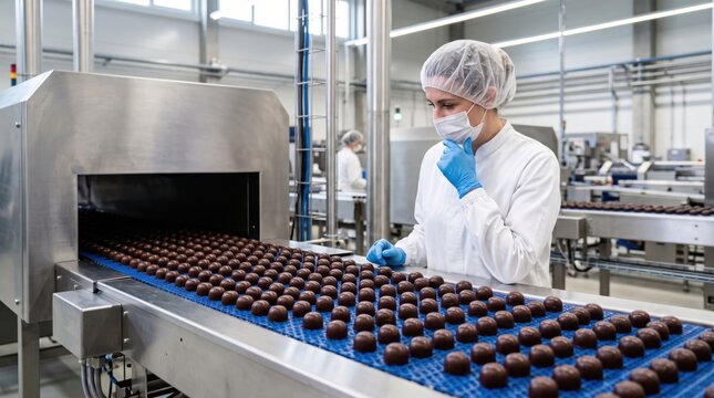 Confectionery worker inspects glossy pralines emerging from cooling tunnel, showing chocolate crystallization, surface quality and controlled candy production.