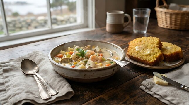 Homestyle new england clam chowder with cornbread on rustic wooden. new england cuisine