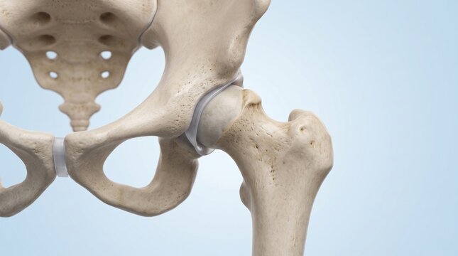 Hip impingement shown in premium clinical CGI with abnormal femoral neck contact against the acetabular rim during flexion on a clean orthopedic clinical biomechanics background.