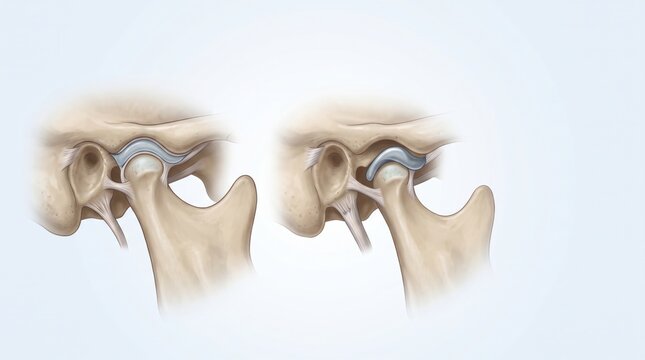 TMJ temporomandibular joint dysfunction shown in premium clinical CGI with abnormal condyle-disc mechanics during jaw opening on a clean maxillofacial biomechanics background.