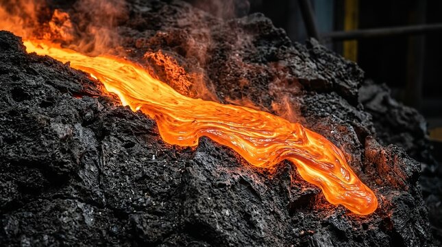 Molten metal flowing over dark industrial slag in a foundry furnace