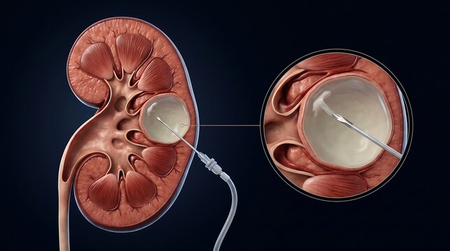 Medical illustration showing a kidney cyst aspiration procedure with a needle and a magnified view.