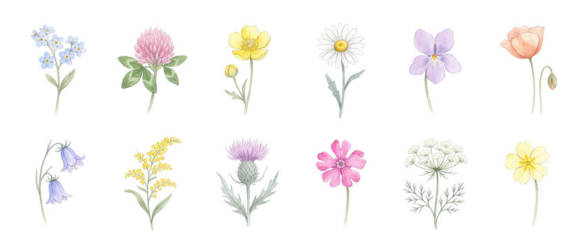 Wildflower botanical illustration set watercolor floral elements isolated on black background featuring daisy clover poppy thistle violet buttercup forget me not harebell for vintage art design.