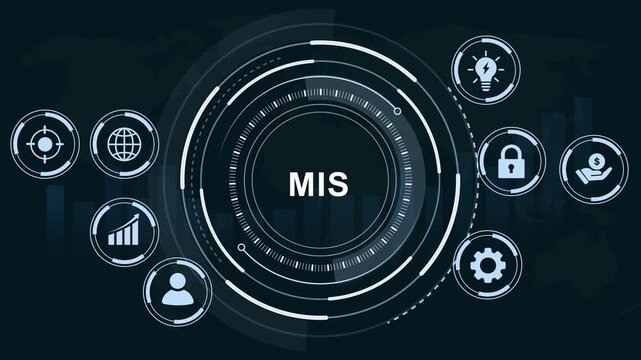 Management information systems mis digital interface concept featuring animated hud global data analytics, cybersecurity and futuristic corporate technology network connectivity