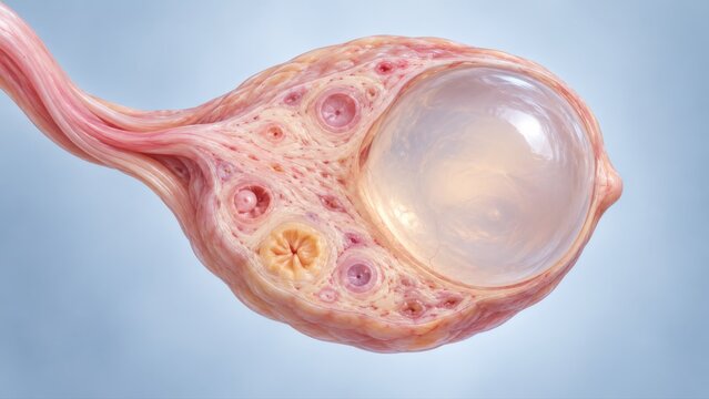 Ovarian cyst shown in premium pathology atlas CGI as a smooth fluid-filled lesion within clean sectional ovary model on a refined medical clinical laboratory background.