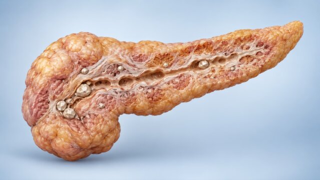 Chronic pancreatitis shown in premium pathology atlas CGI with fibrotic pancreatic tissue, ductal changes and calcifications on clean refined medical laboratory background.