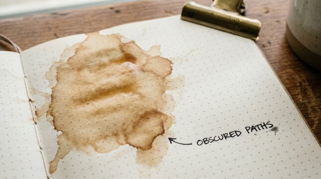 Coffee Stain on Notebook Page with Handwritten "Obscured Paths" Text