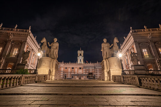 Piazza del Campidoglio with Cordonata Stairs and Statues of the Dioscuri at Night, Rome