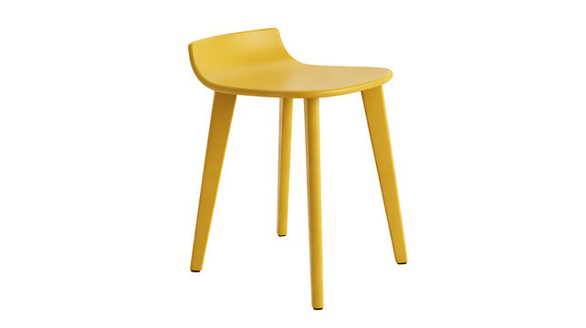 Modern yellow stool with curved seat and three tapered legs, isolated on transparent background
