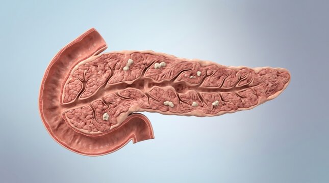 Chronic pancreatitis shown in premium pathology atlas CGI with fibrotic pancreatic tissue, ductal changes and calcifications on a clean refined medical laboratory background.