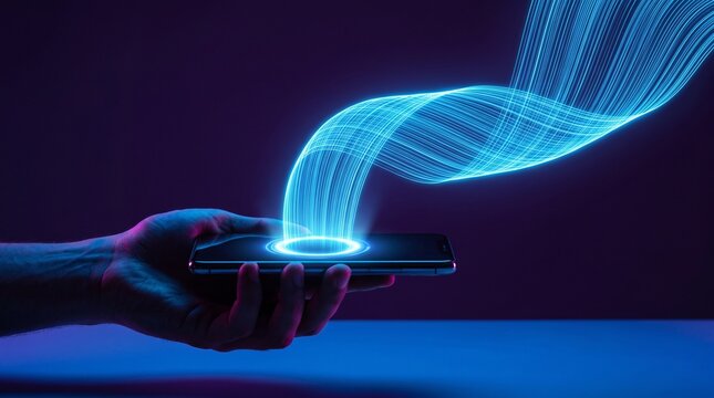 A hand holding a smartphone with a glowing blue light stream emerging from the screen surface with human hand