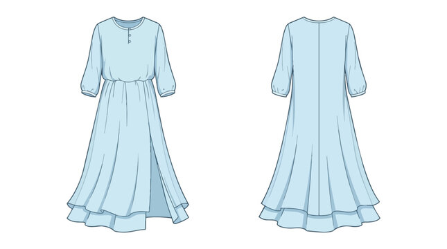 Women's Light Blue Long Sleeve Maxi Dress with Side Slit and Layered Hem Technical Fashion Flat Sketch Front and Back