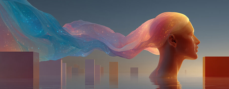A surreal futuristic of human mind, representing thoughts, creativity, artificial intelligence and imagination