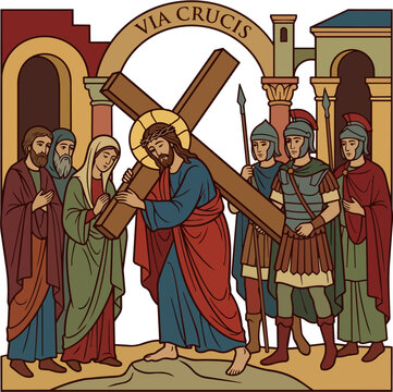 Arte religioso. Escena de Jesucristo cargando a hombros con la cruz camino del monte del Calvario. Estilo arte rom&aacute;nico. Cristianismo y religi&oacute;n