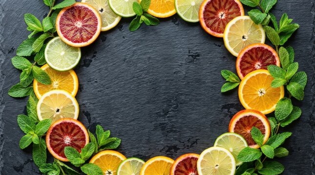 Colorful citrus slices and fresh mint leaves arranged in a circular frame on a dark stone background
