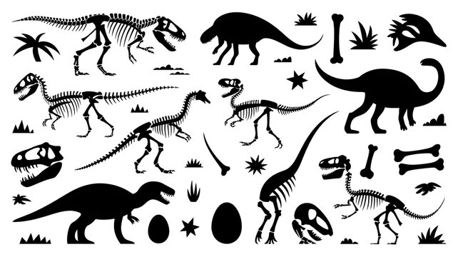 Set of dinosaur silhouettes, skeletons, skulls, bones, eggs, and fossils 