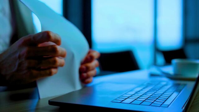 Business professional reading paper documents in modern office