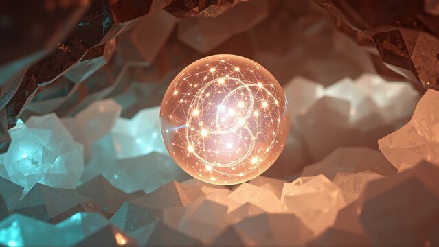 Glowing sphere rests amid crystalline structures. Light emanates from within, creating dramatic visual effect. Abstract, futuristic composition.