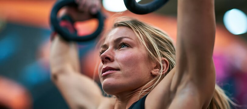 Female climber performing controlled scapular hangs in modern training gym