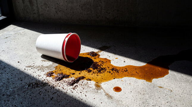 Spilled Coffee Cup on Concrete Floor with Dramatic Sunlight Shadows