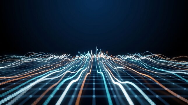 Abstract data visualization showing glowing light waves moving across a dark grid surface background