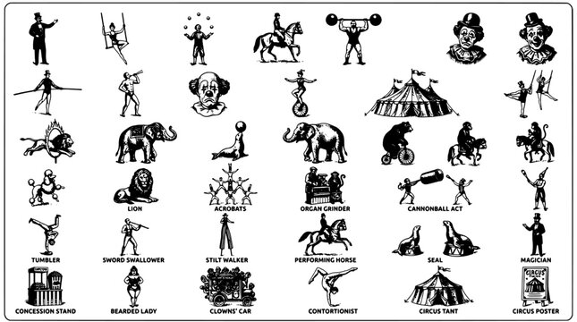 Vintage circus elements vector set featuring acrobats, clowns, animals, and performers in retro engraving style