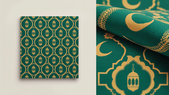Green textile with golden crescent moon and lantern seamless pattern ramadan pattern islamic design arabic pattern gold texture oriental design