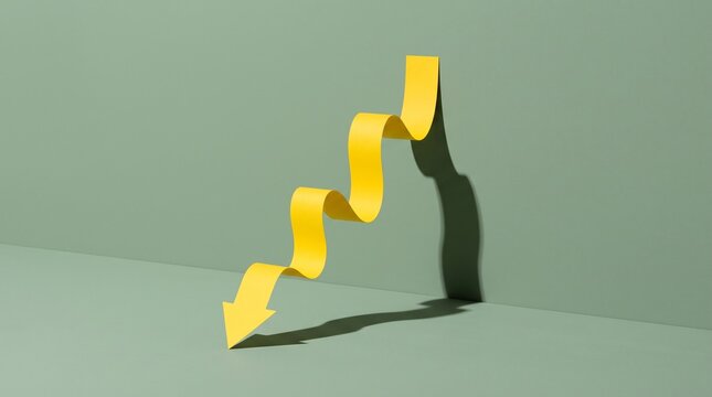 Yellow paper arrow with a wavy shape pointing downwards against a plain green wall surface with arrow curved