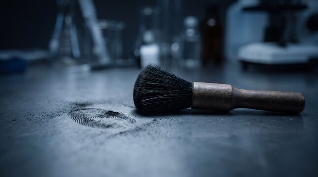 Forensic Dusting Brush Revealing Fingerprint Evidence in Dark Crime Laboratory Concept