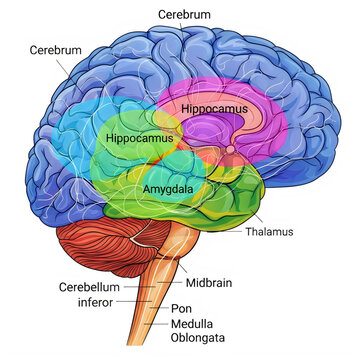 A colorful diagram of a human brain with labeled parts