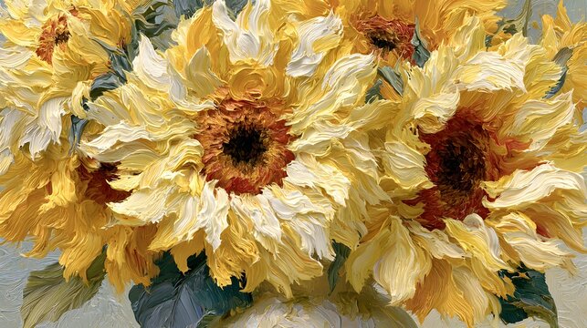 Nature morte impressionniste aux tournesols en poterie bleue avec technique d'impasto, id&eacute;ale pour affiches d'art, cartes de v&oelig;ux et d&eacute;coration murale