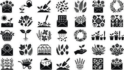 Fototapeta premium Set of gardening themed black silhouettes featuring plants tools seeds and garden flowers