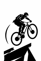 Obraz premium Black and white vector illustration of mountain bike rider jumping